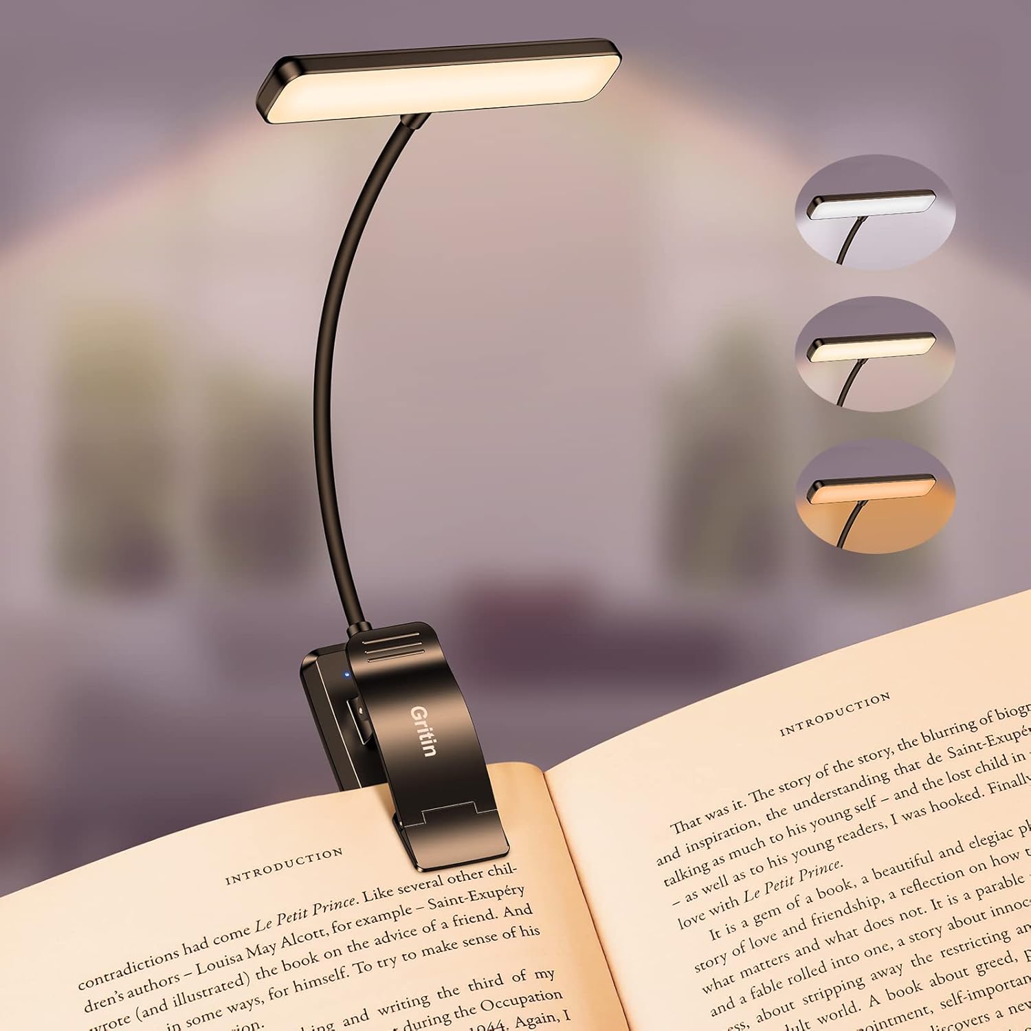  LED Rechargeable Book Light for Reading in Bed with Memory Function- Eye Caring 3 Color Temperatures,Stepless Dimming Brightness,80 Hrs Runtime Lightweight Clip on Light for Book Lovers