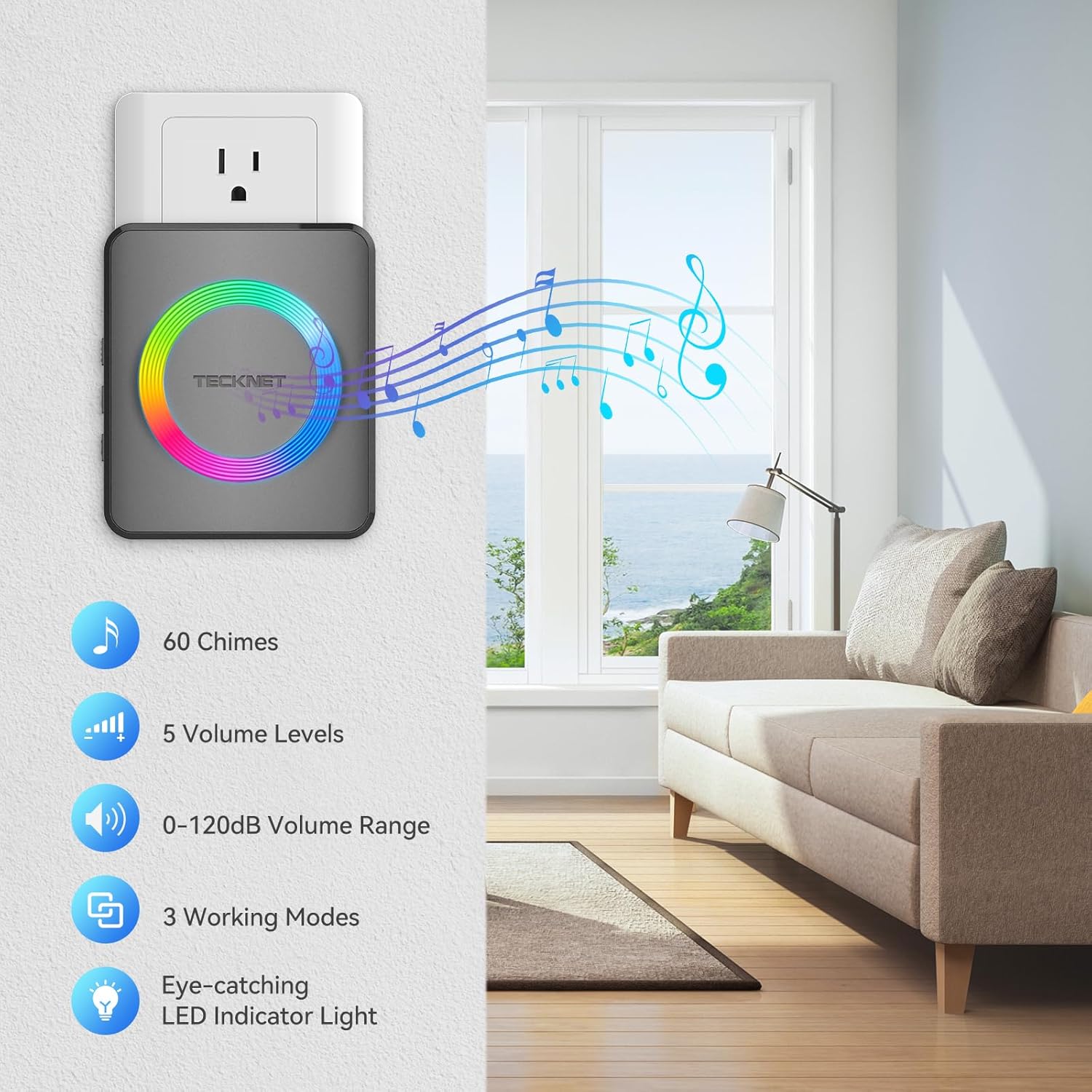 Wireless Doorbells for Home, IP65 Waterproof 1,970Ft 120Db Door Bell Ringer Wireless for Classroom with 60 Chimes & 5 Volume Levels, RGB Flash