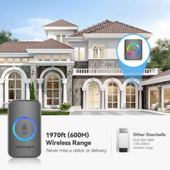 Wireless Doorbells for Home, IP65 Waterproof 1,970Ft 120Db Door Bell Ringer Wireless for Classroom with 60 Chimes & 5 Volume Levels, RGB Flash