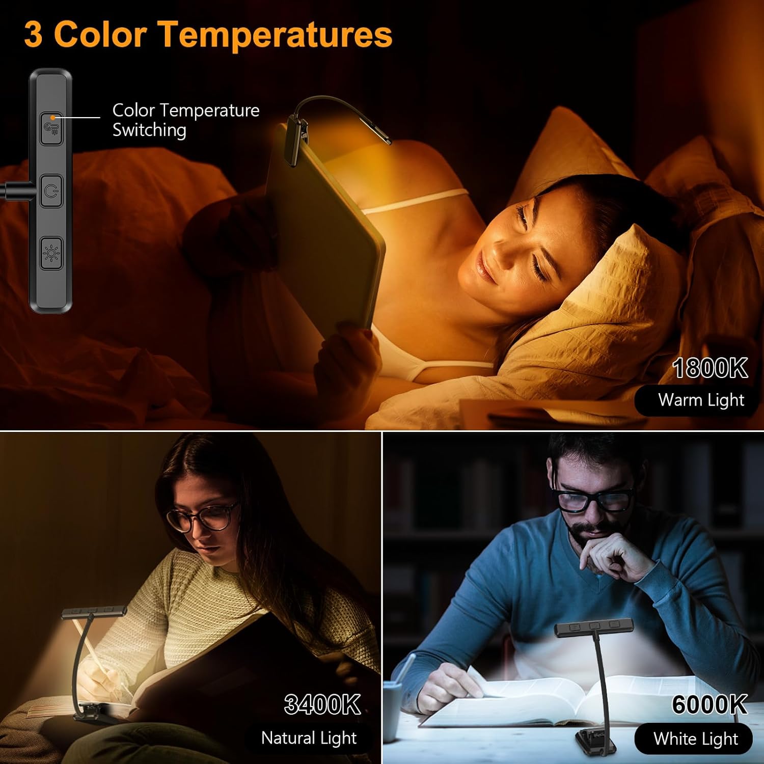  LED Rechargeable Book Light for Reading in Bed with Memory Function- Eye Caring 3 Color Temperatures,Stepless Dimming Brightness,80 Hrs Runtime Lightweight Clip on Light for Book Lovers