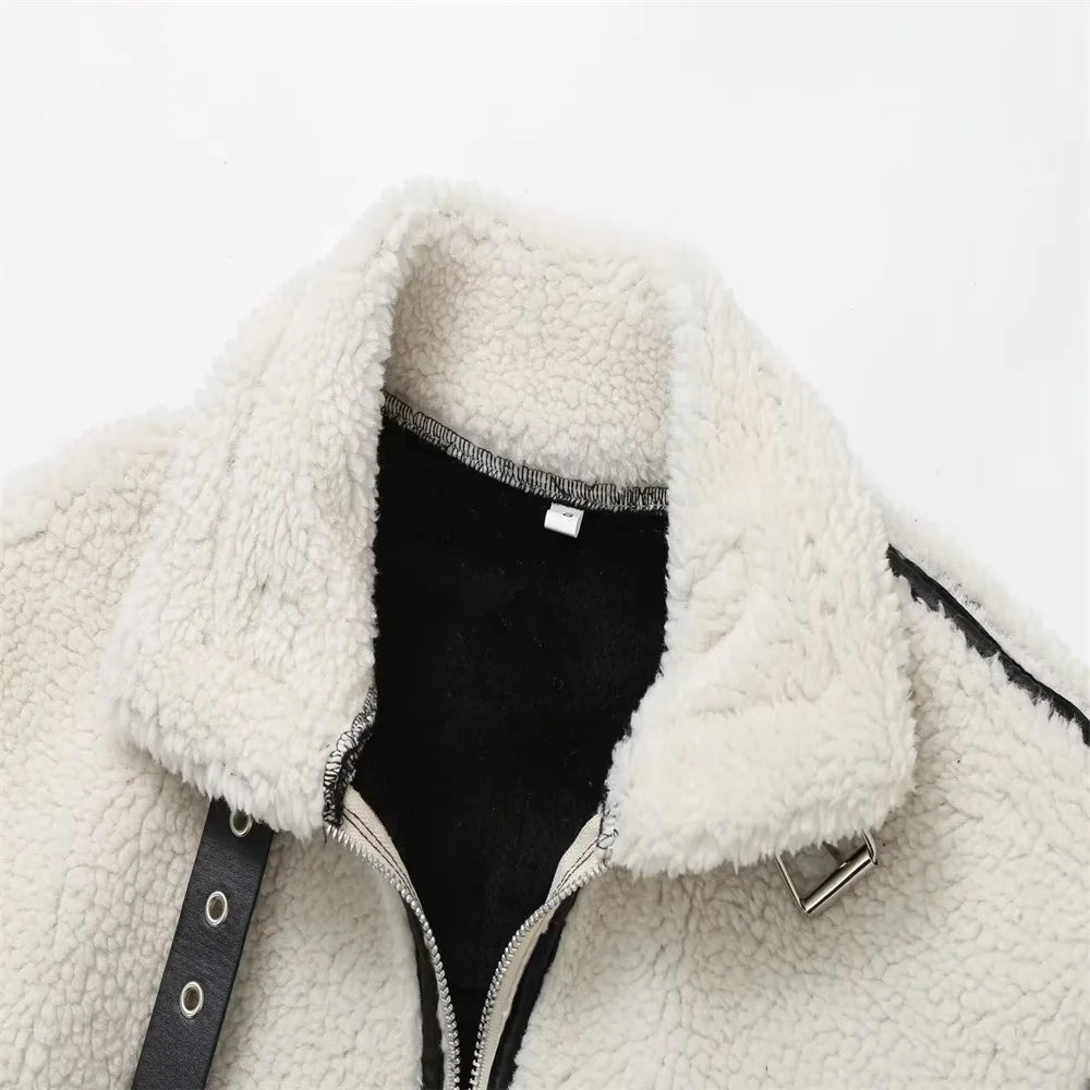 PB&ZA 2023 Autumn New Women'S Wear European and American Style Casual Fur One Piece Lamb Wool Contrast Color Plush Warm Jacket C