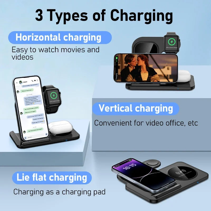 3 in 1 Foldable Wireless Charger Stand for Iphone 15 14 13 12 Pro Max plus Iwatch Airpods 3/2 Fast Charging Station Dock Holder