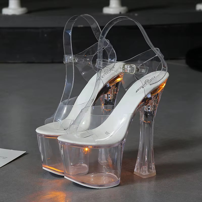 Size 34-43 Hoof Heels Nightclub High Heels Luminous Sandals Catwalk Pole Dancing Shoes Crystal Platform Women Led Light Sandals