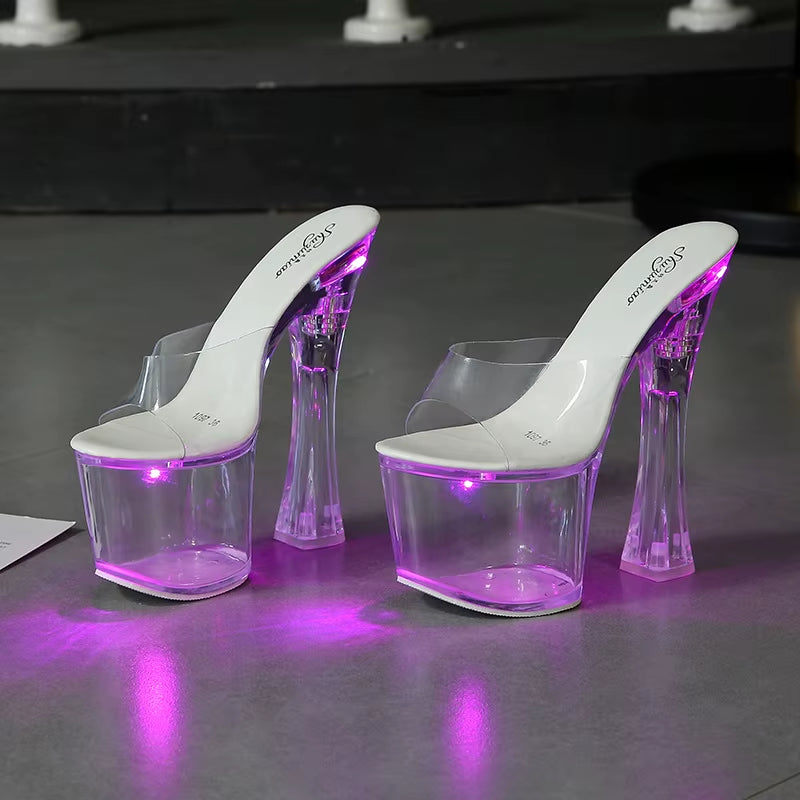 Size 34-43 Hoof Heels Nightclub High Heels Luminous Sandals Catwalk Pole Dancing Shoes Crystal Platform Women Led Light Sandals